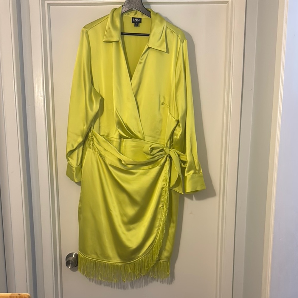 I.N.C. Lime green  Satin Wrap Dress with Fringe size 2X